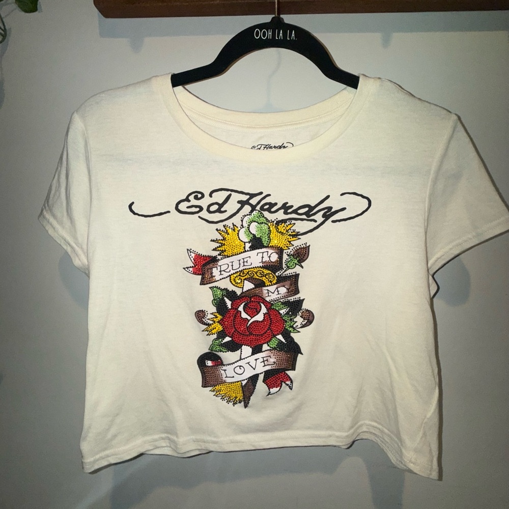 Ed Hardy Cream Graphic cropped tee